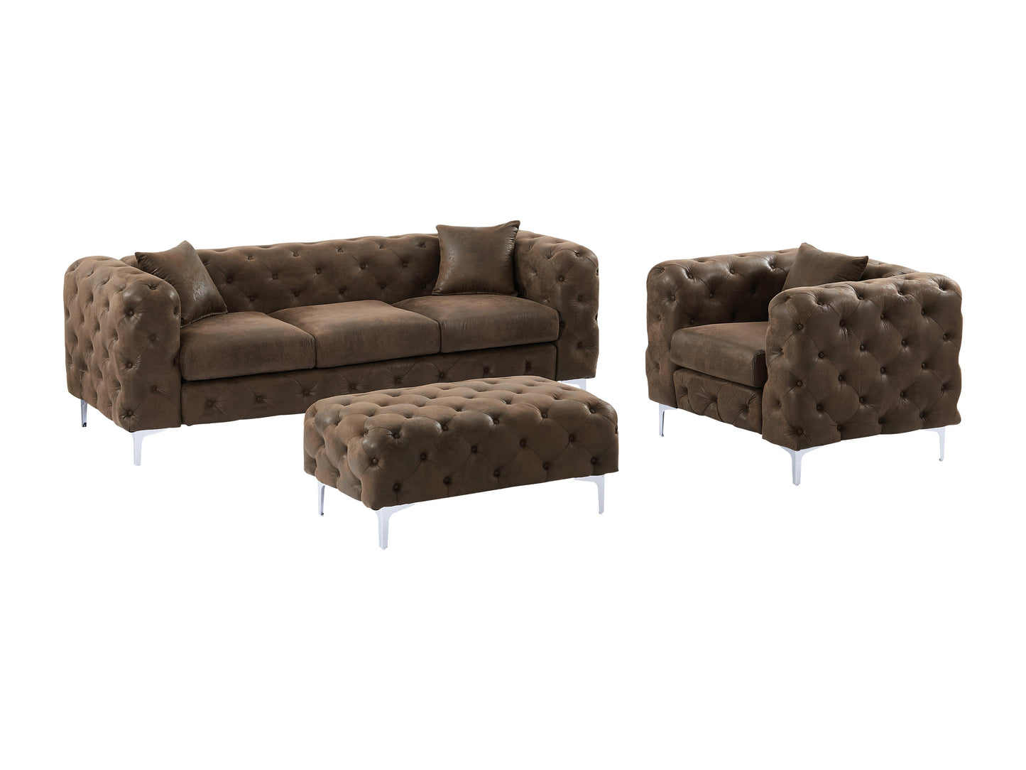 Canapé 3 places, fauteuil et pouf chesterfield en microfibre aspect cuir vieilli EDWINA