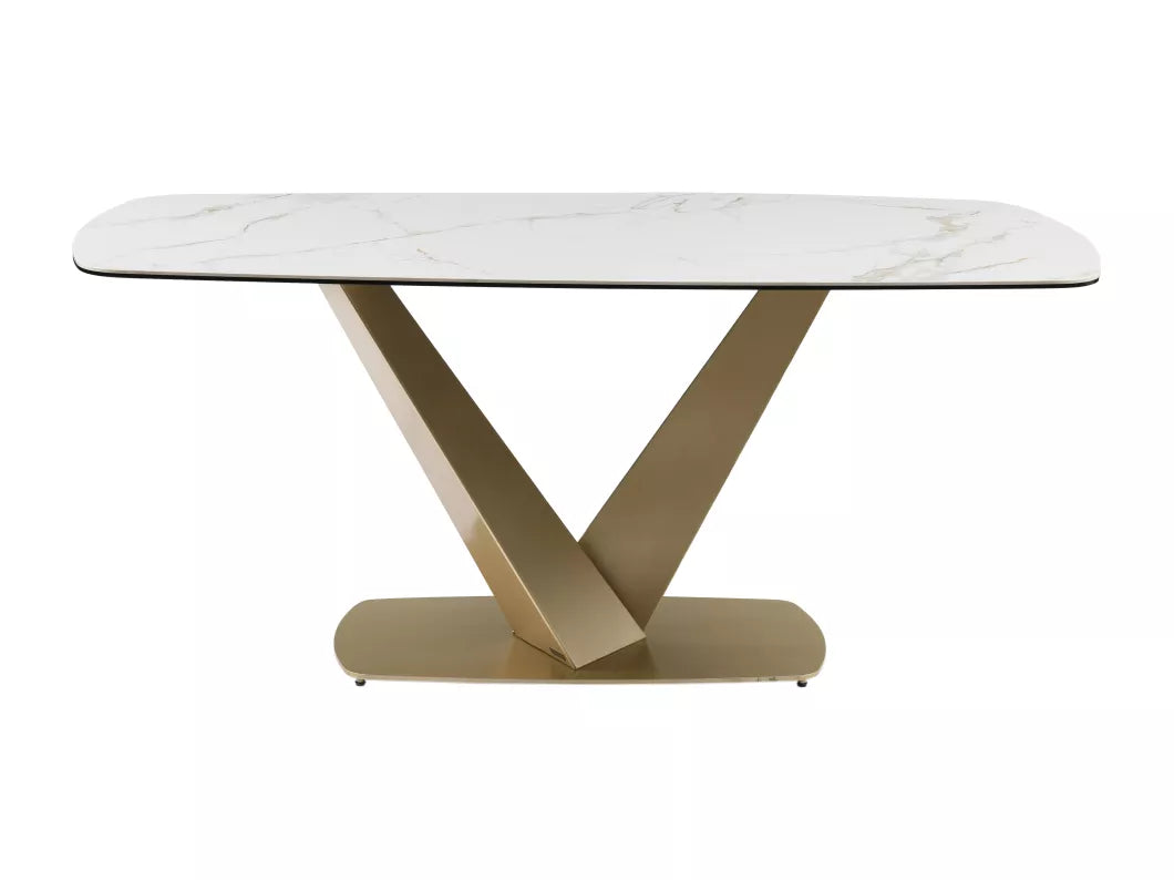 Table à manger 6 personnes en céramique, verre trempé et métal doré - Effet marbre blanc - PORELIMA de Maison Céphy