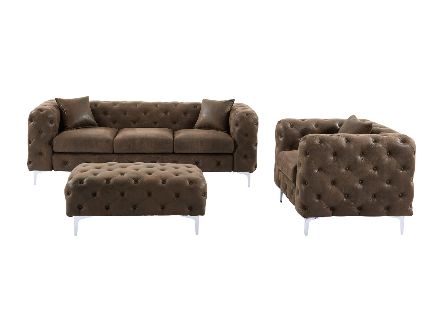 Canapé 3 places, fauteuil et pouf chesterfield en microfibre aspect cuir vieilli EDWINA