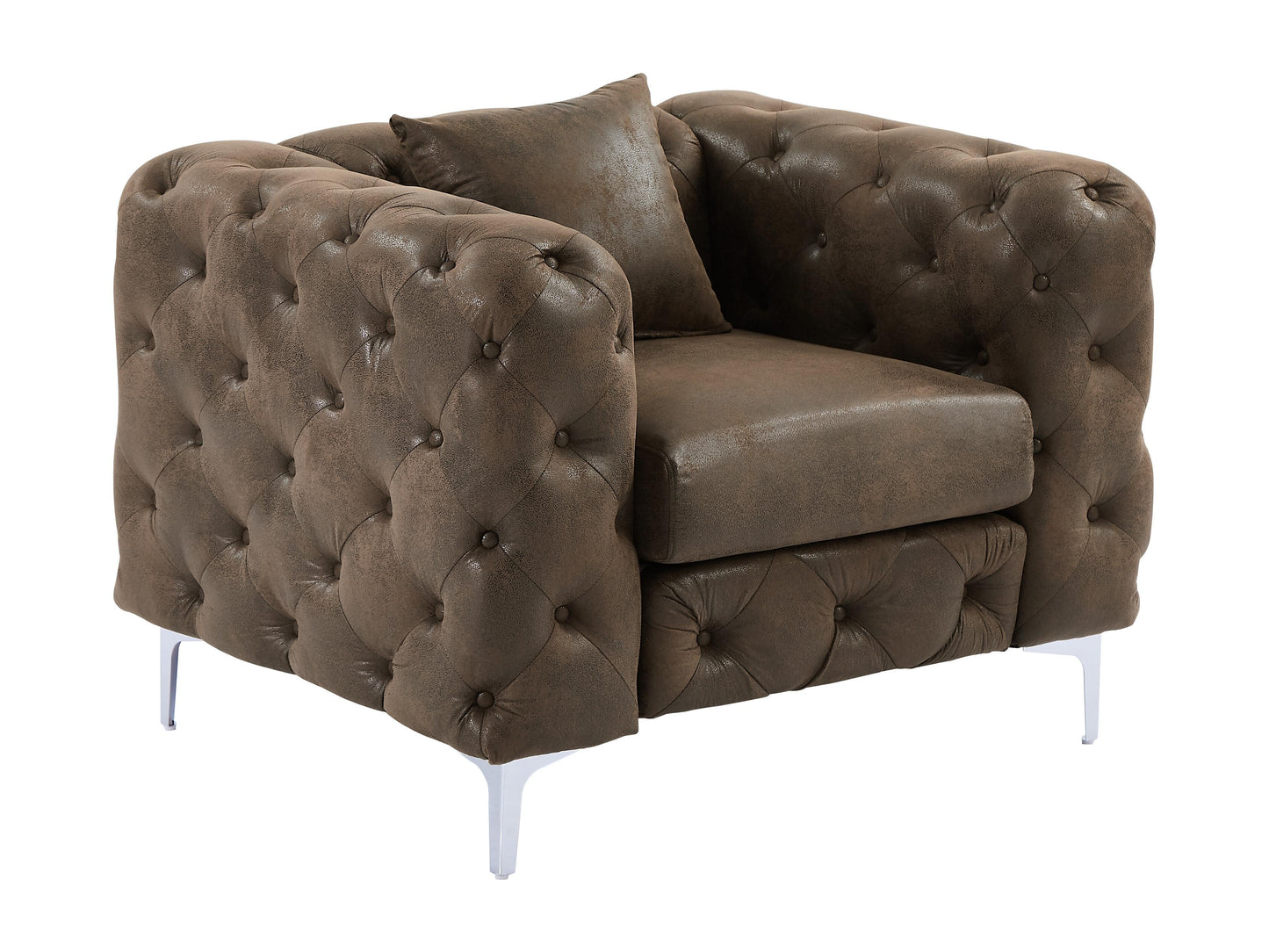 Canapé 3 places, fauteuil et pouf chesterfield en microfibre aspect cuir vieilli EDWINA