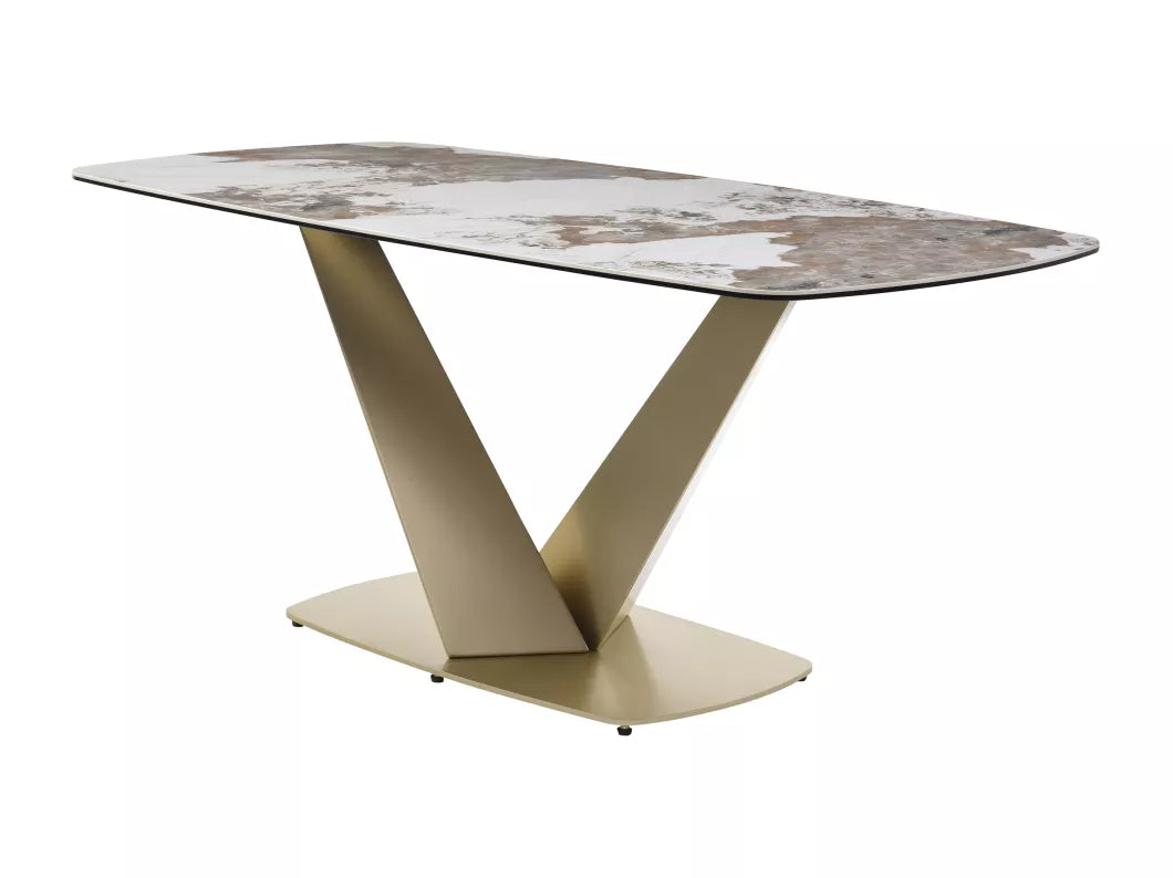 Table à manger 6 personnes en céramique, verre trempé et métal doré - Effet marbre blanc et gris - PORELIMA de Maison Céphy