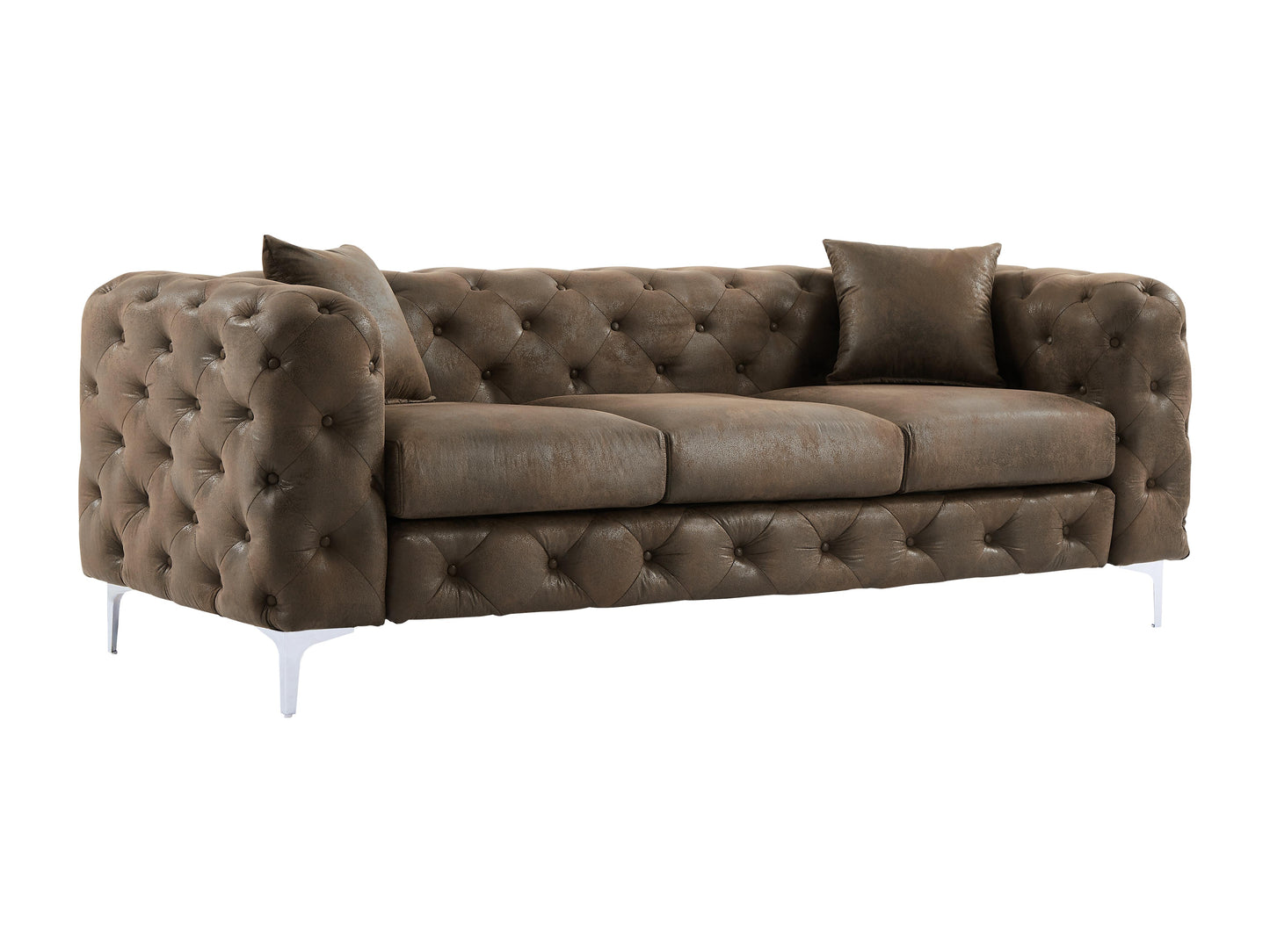 Canapé 3 places, fauteuil et pouf chesterfield en microfibre aspect cuir vieilli EDWINA