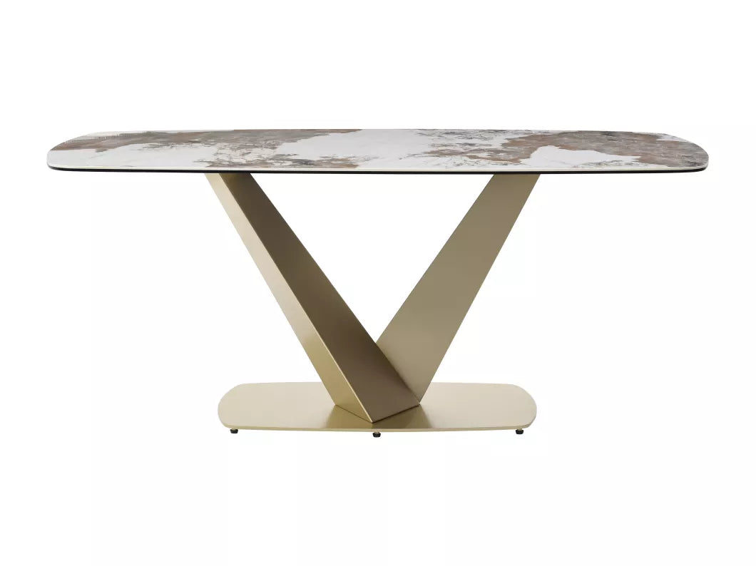Table à manger 6 personnes en céramique, verre trempé et métal doré - Effet marbre blanc et gris - PORELIMA de Maison Céphy