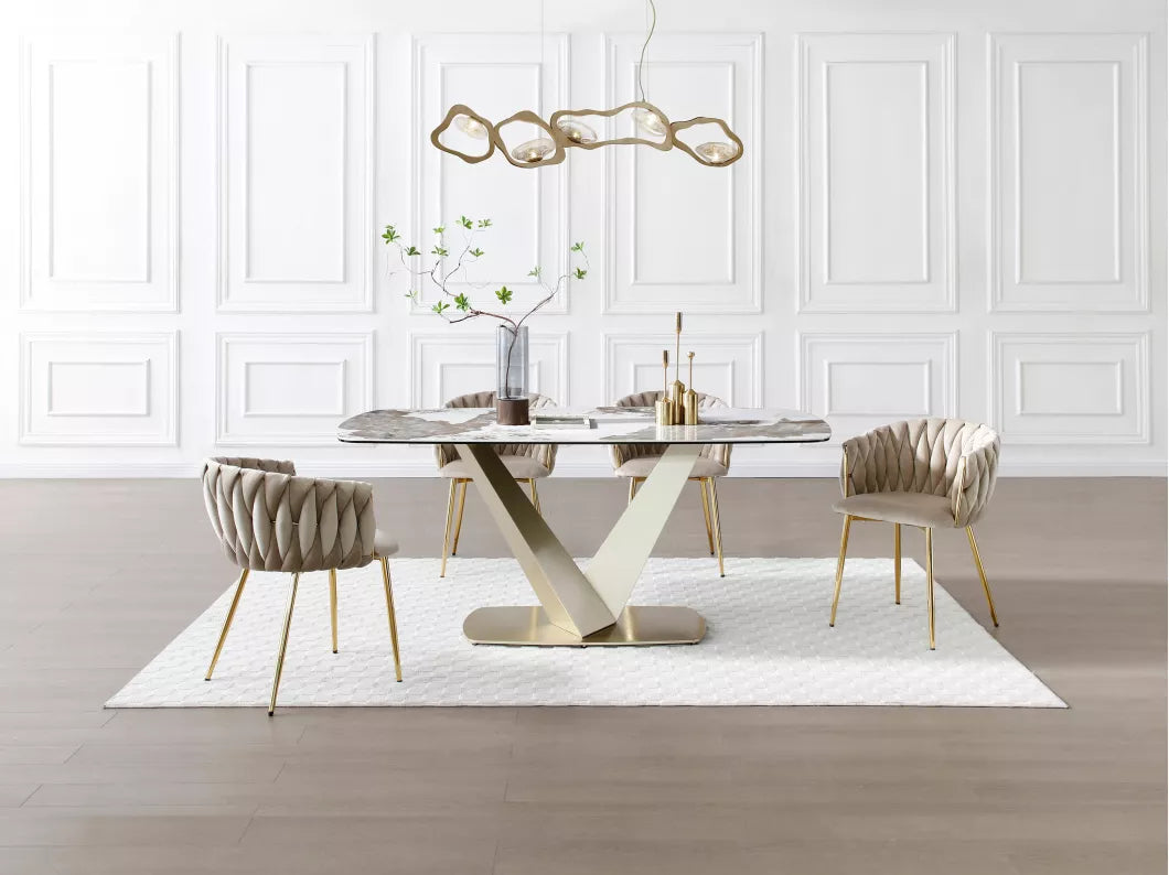Table à manger 6 personnes en céramique, verre trempé et métal doré - Effet marbre blanc et gris - PORELIMA de Maison Céphy