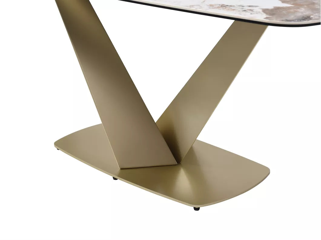 Table à manger 6 personnes en céramique, verre trempé et métal doré - Effet marbre blanc et gris - PORELIMA de Maison Céphy