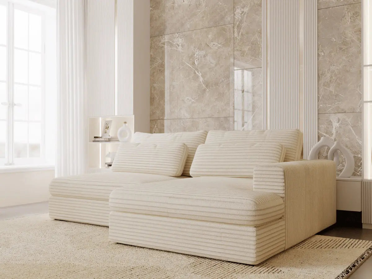 Canapé d'angle convertible grande méridienne velours côtelé beige MONTPARNASSE