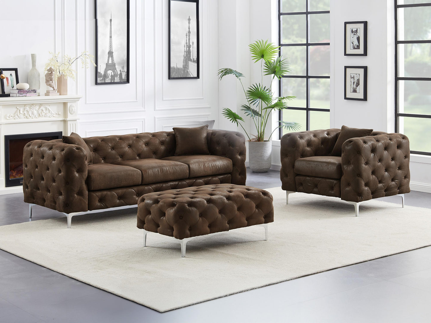 Canapé 3 places, fauteuil et pouf chesterfield en microfibre aspect cuir vieilli EDWINA