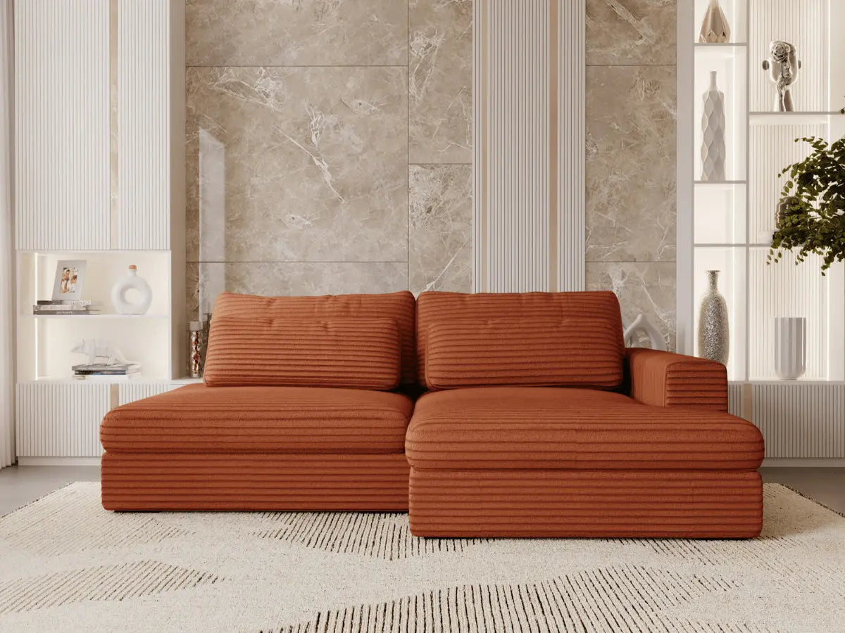 Canapé d'angle convertible grande méridienne en velours côtelé terracotta MONTPARNASSE