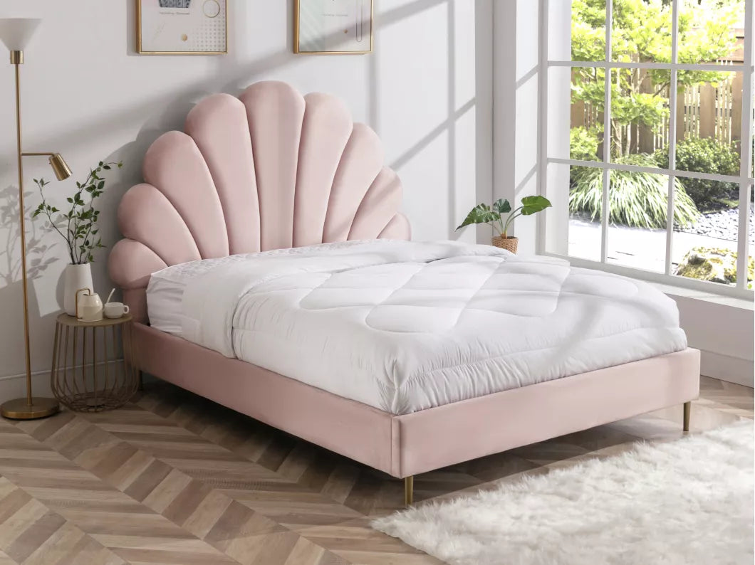 Lit coquillage 140 x 190 cm - Velours - Beige - LIVAYA