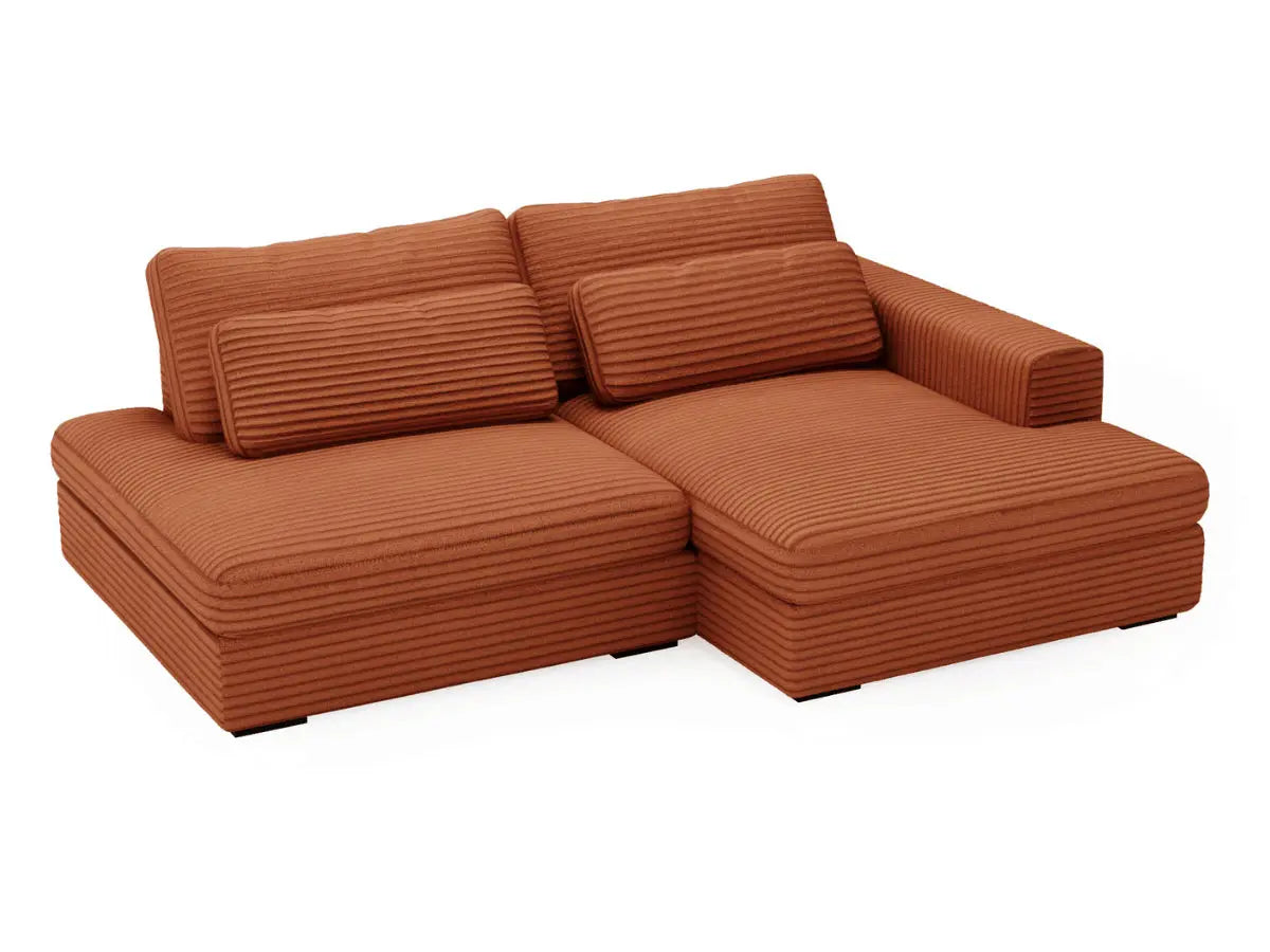 Canapé d'angle convertible grande méridienne en velours côtelé terracotta MONTPARNASSE