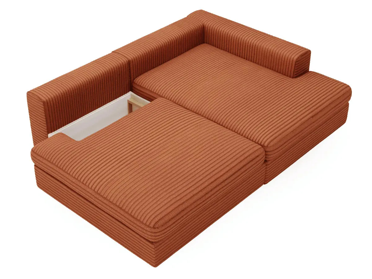 Canapé d'angle convertible grande méridienne en velours côtelé terracotta MONTPARNASSE