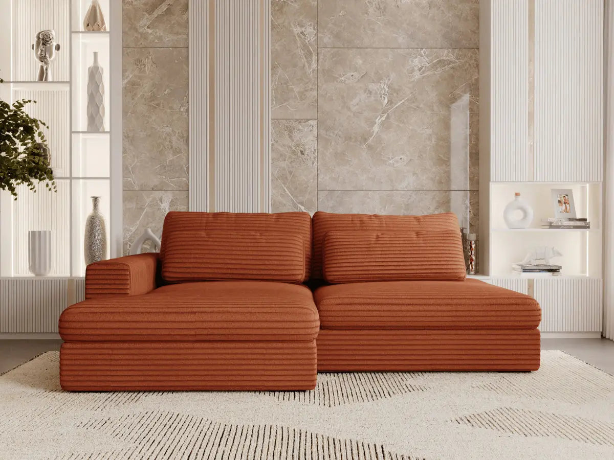 Canapé d'angle convertible grande méridienne en velours côtelé terracotta MONTPARNASSE