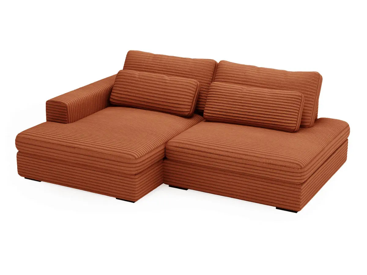 Canapé d'angle convertible grande méridienne en velours côtelé terracotta MONTPARNASSE