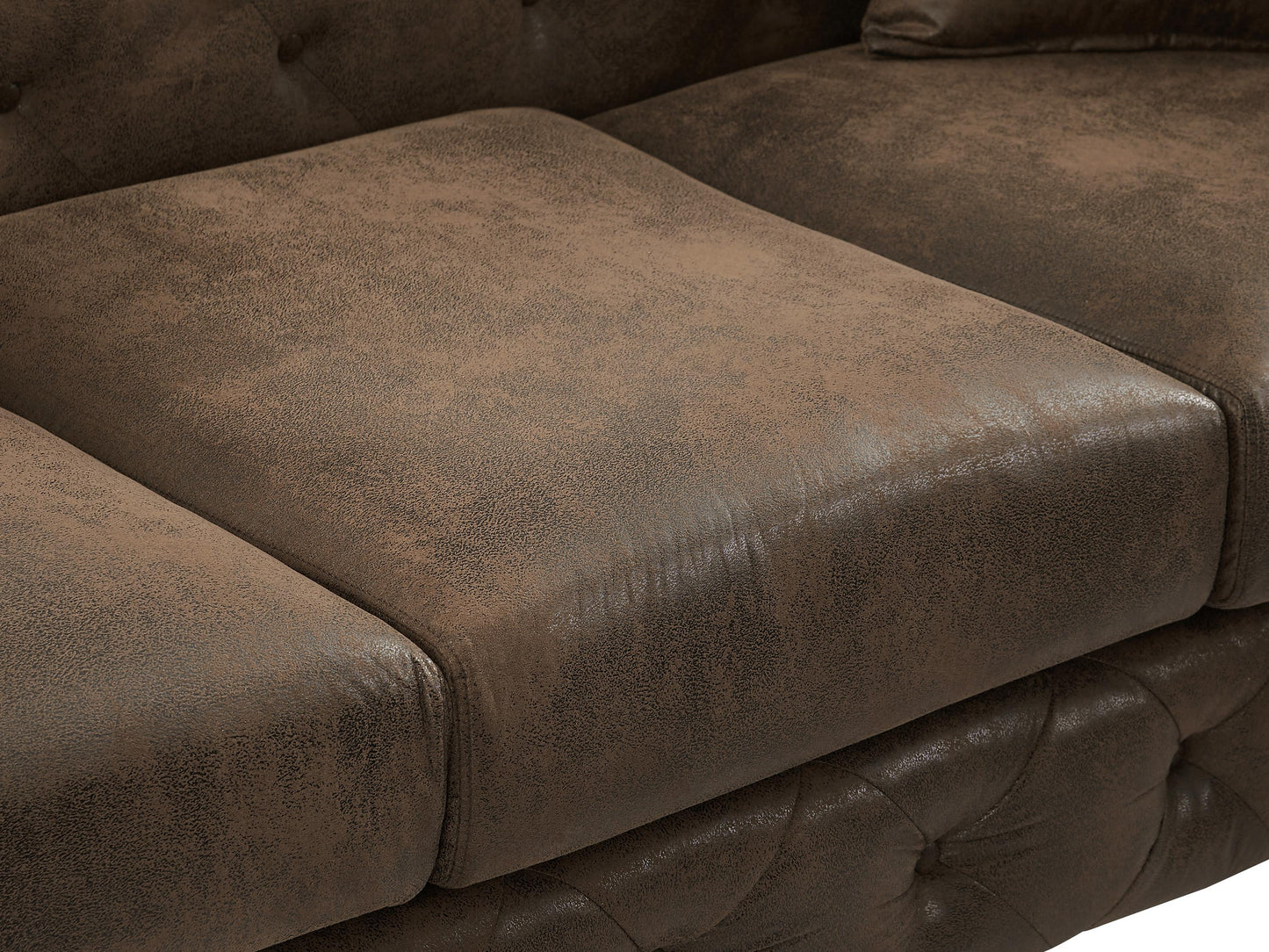 Canapé 3 places, fauteuil et pouf chesterfield en microfibre aspect cuir vieilli EDWINA