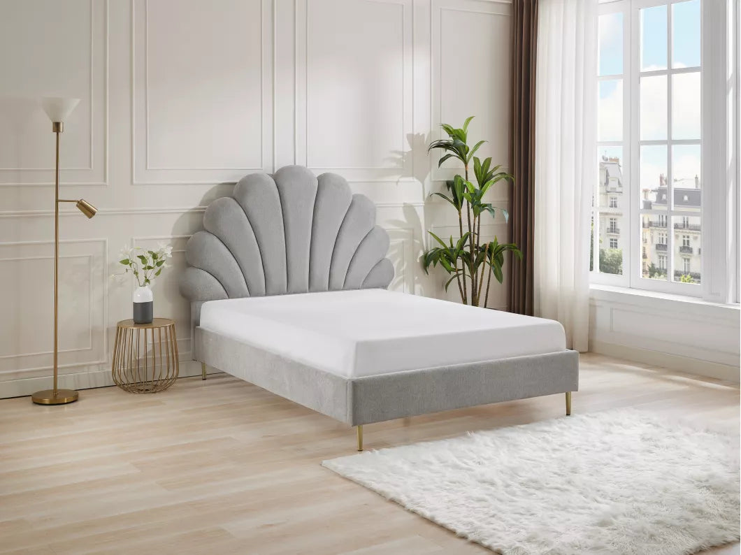 Lit coquillage 140 x 190 cm - Velours - Beige - LIVAYA