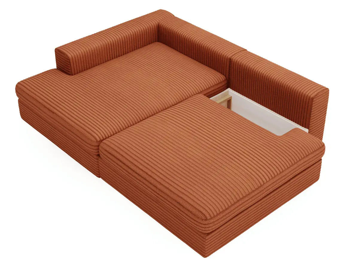 Canapé d'angle convertible grande méridienne en velours côtelé terracotta MONTPARNASSE