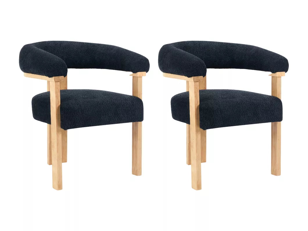 Lot de 2 chaises avec accoudoirs en tissu bouclette et bois d'hévéa - Blanc et noir - LIVELIA de Pascal MORABITO
