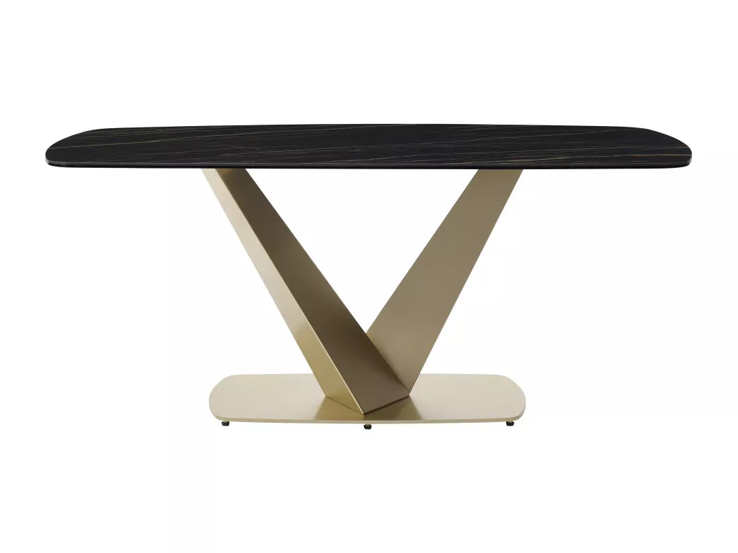 Table à manger 6 personnes en céramique, verre trempé et métal doré - Effet marbre noir - PORELIMA de Maison Céphy