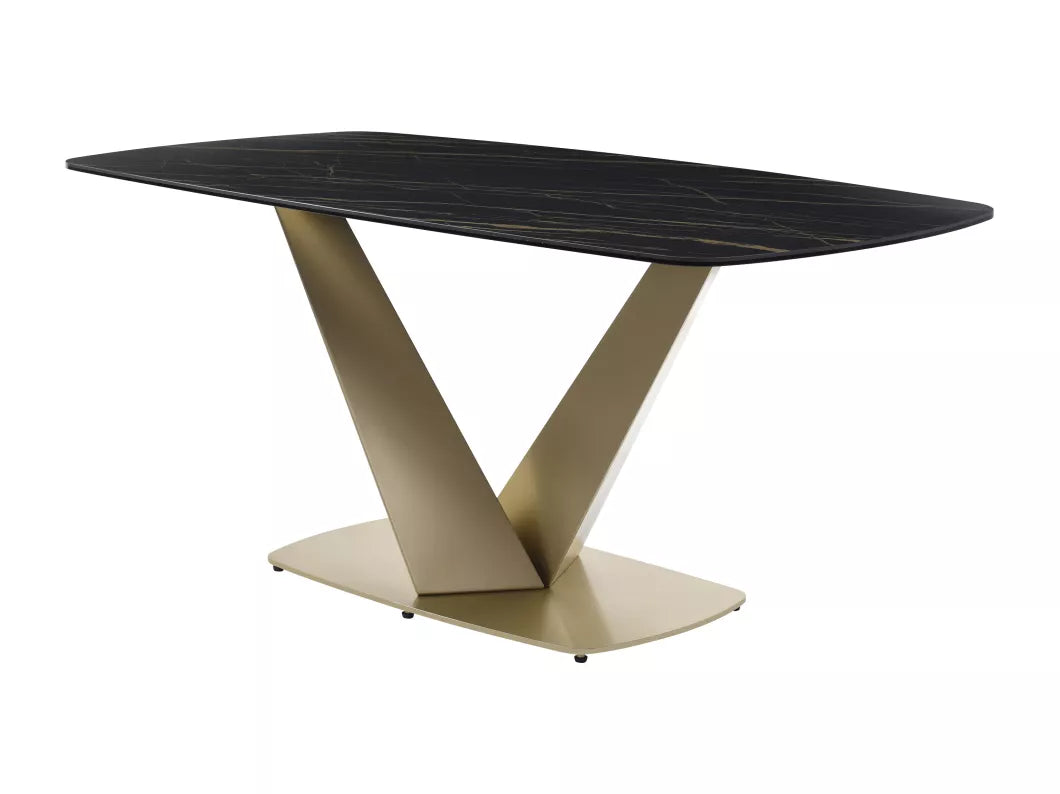 Table à manger 6 personnes en céramique, verre trempé et métal doré - Effet marbre noir - PORELIMA de Maison Céphy