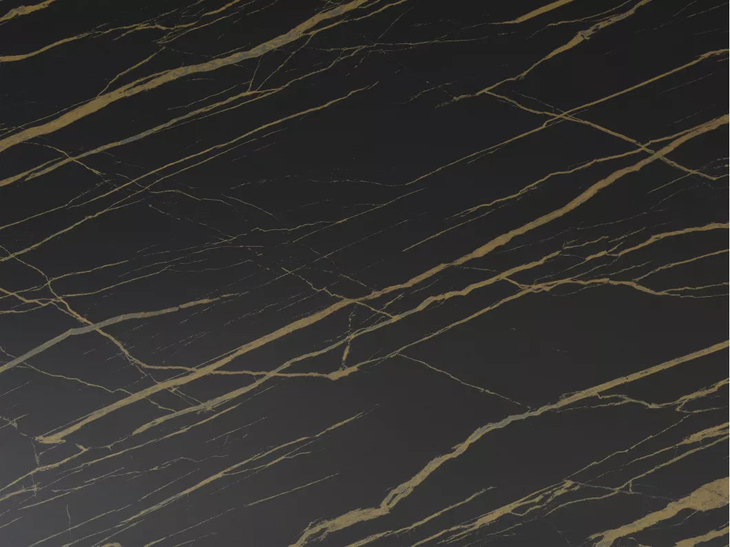 Table à manger 6 personnes en céramique, verre trempé et métal doré - Effet marbre noir - PORELIMA de Maison Céphy